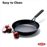OXO Obsidian Pre-Seasoned Carbon Steel, 12 Wok Pan with Removable Silicone Handle Holder, Induction, Oven Safe, Black