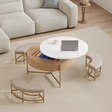 Linique Modern Round Lift-Top Coffee Table with Storage and 3 Ottoman, White + Black